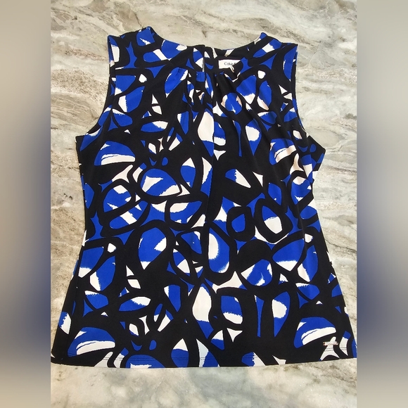 Calvin Klein Women’s Medium Sleeveless Abstract Print Blouse Black Blue White - Picture 1 of 11